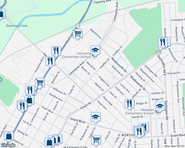 map of restaurants, bars, coffee shops, grocery stores, and more near 416 Cadillac Street in Syracuse