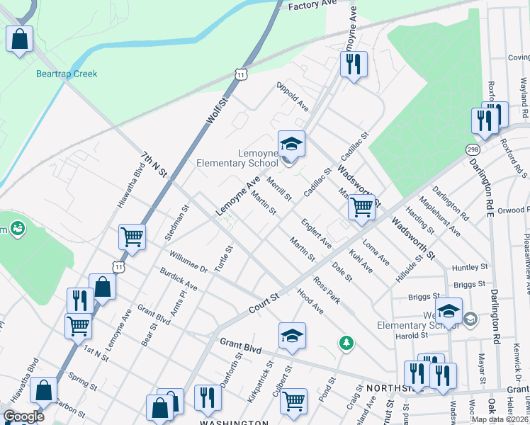 map of restaurants, bars, coffee shops, grocery stores, and more near 125 Marcia Street in Syracuse