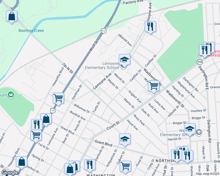 map of restaurants, bars, coffee shops, grocery stores, and more near 125 Marcia Street in Syracuse