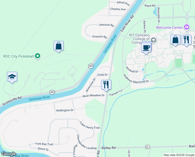 map of restaurants, bars, coffee shops, grocery stores, and more near 24 Riverview Drive in Rochester