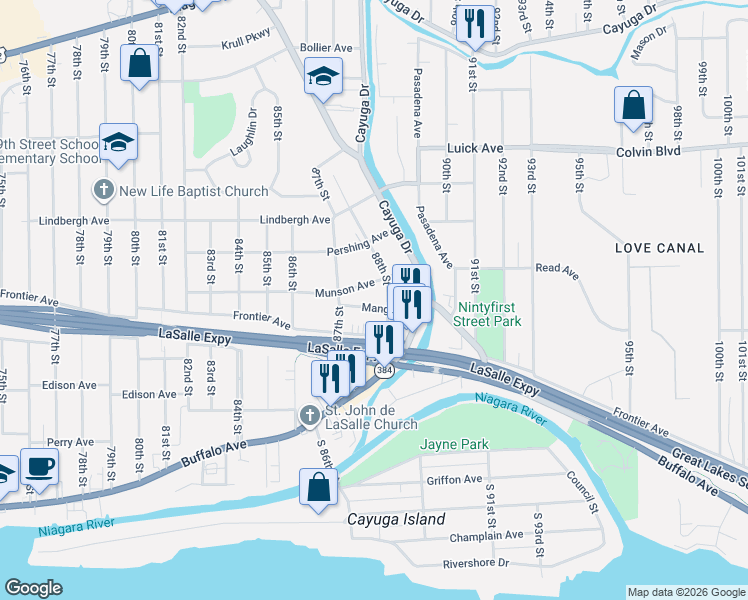 map of restaurants, bars, coffee shops, grocery stores, and more near 8723 Mang Avenue in Niagara Falls