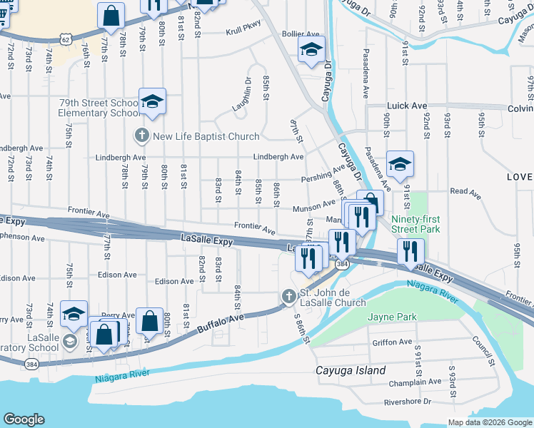 map of restaurants, bars, coffee shops, grocery stores, and more near 620 86th Street in Niagara Falls