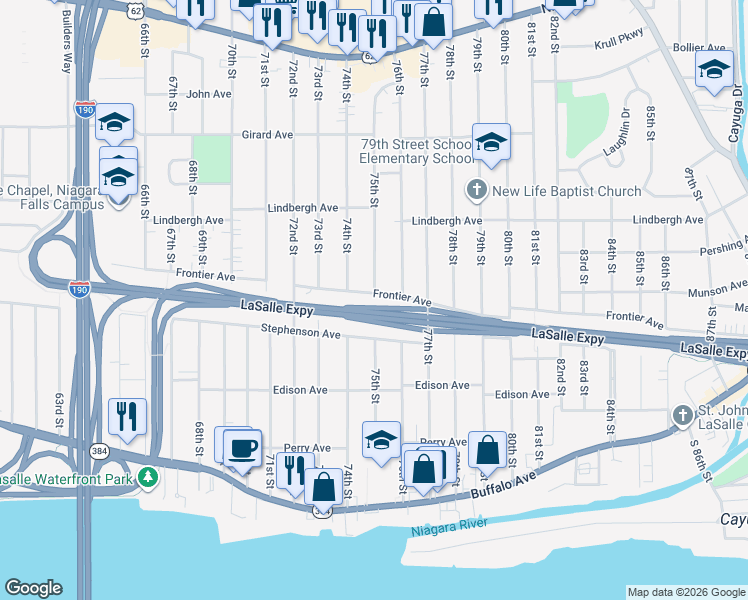 map of restaurants, bars, coffee shops, grocery stores, and more near 7507 Frontier Avenue in Niagara Falls