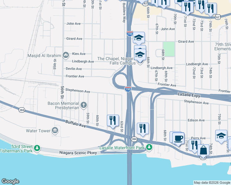 map of restaurants, bars, coffee shops, grocery stores, and more near 6117 Stephenson Avenue in Niagara Falls