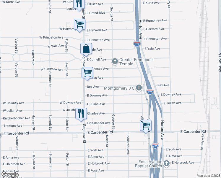 map of restaurants, bars, coffee shops, grocery stores, and more near 1091 East Downey Avenue in Flint