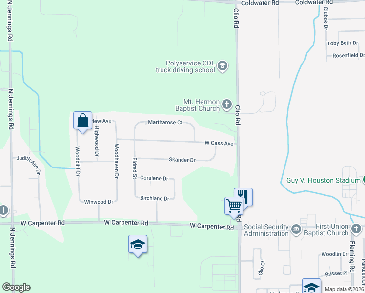 map of restaurants, bars, coffee shops, grocery stores, and more near 3178 Skander Drive in Flint