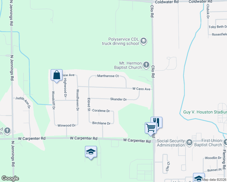 map of restaurants, bars, coffee shops, grocery stores, and more near 3178 Skander Drive in Flint
