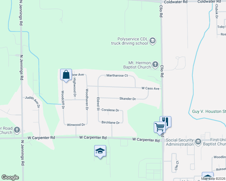 map of restaurants, bars, coffee shops, grocery stores, and more near 3218 Skander Drive in Flint