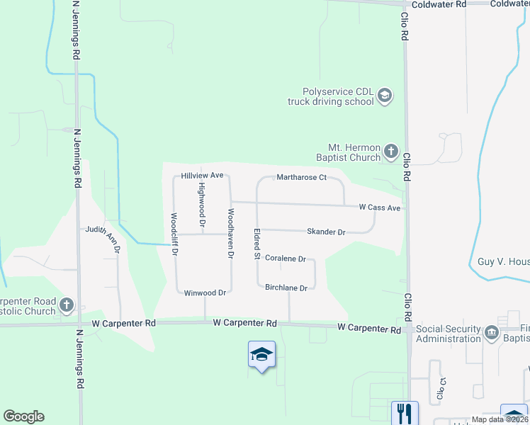 map of restaurants, bars, coffee shops, grocery stores, and more near 5170 Eldred Street in Flint