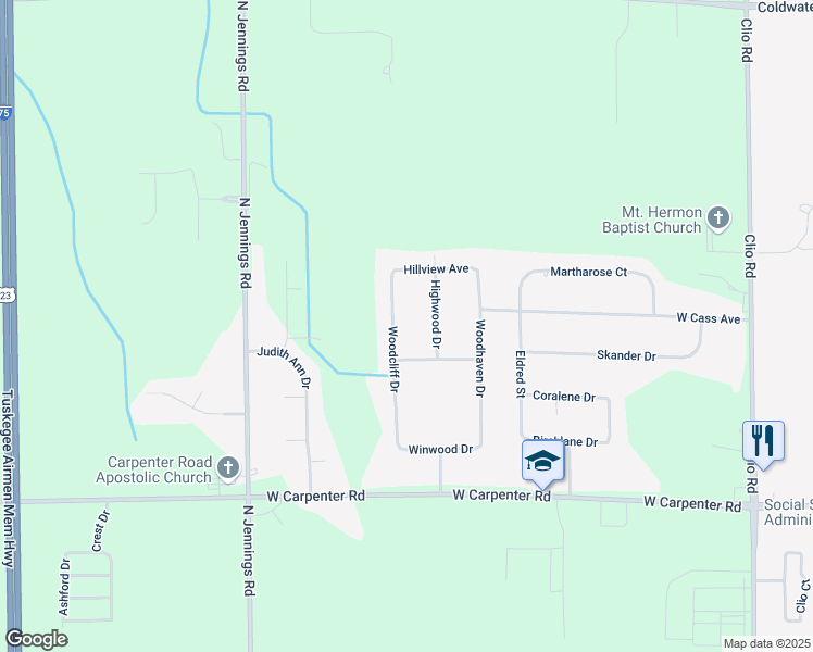 map of restaurants, bars, coffee shops, grocery stores, and more near 5171 Highwood Drive in Flint