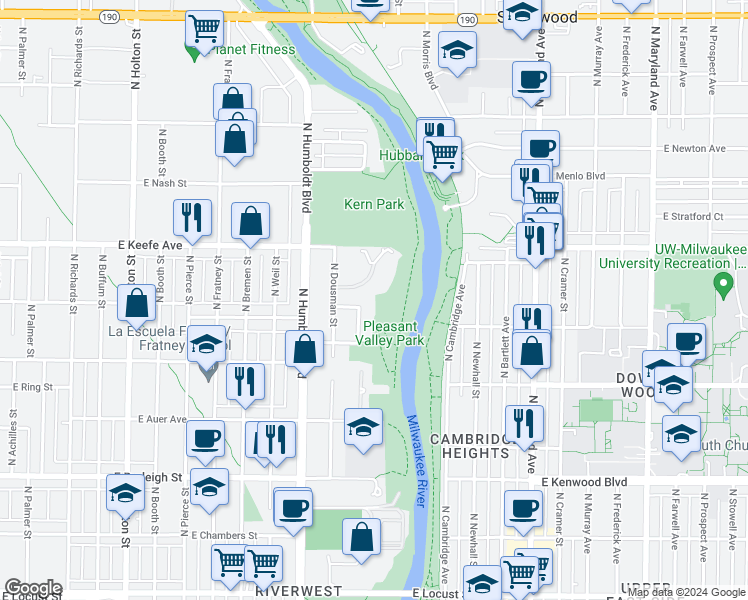 map of restaurants, bars, coffee shops, grocery stores, and more near 1301 East Concordia Avenue in Milwaukee