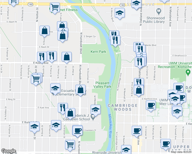 map of restaurants, bars, coffee shops, grocery stores, and more near 3371 North Gordon Place in Milwaukee