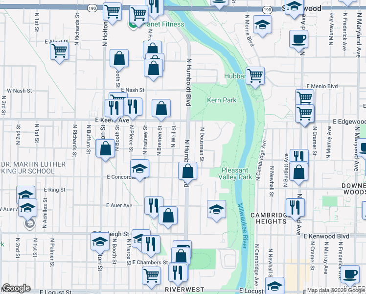 map of restaurants, bars, coffee shops, grocery stores, and more near 1004-1006 East Townsend Street in Milwaukee