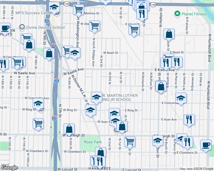 map of restaurants, bars, coffee shops, grocery stores, and more near 3350 North 3rd Street in Milwaukee