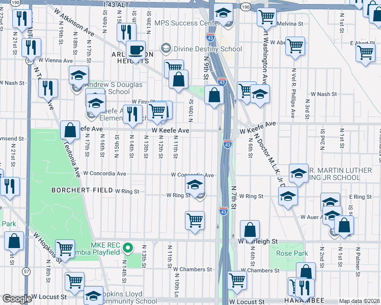 map of restaurants, bars, coffee shops, grocery stores, and more near 3345 North 10th Street in Milwaukee