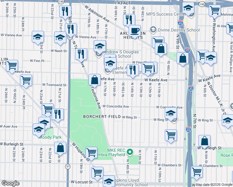 map of restaurants, bars, coffee shops, grocery stores, and more near 3343 North 15th Street in Milwaukee