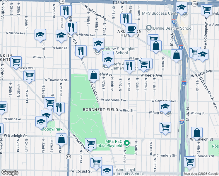 map of restaurants, bars, coffee shops, grocery stores, and more near 3347 North 16th Street in Milwaukee
