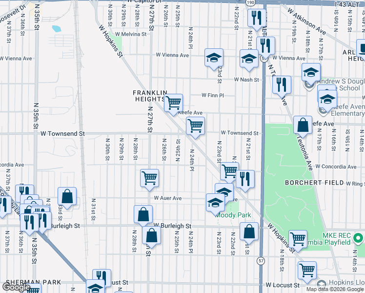 map of restaurants, bars, coffee shops, grocery stores, and more near 3341 North 25th Street in Milwaukee