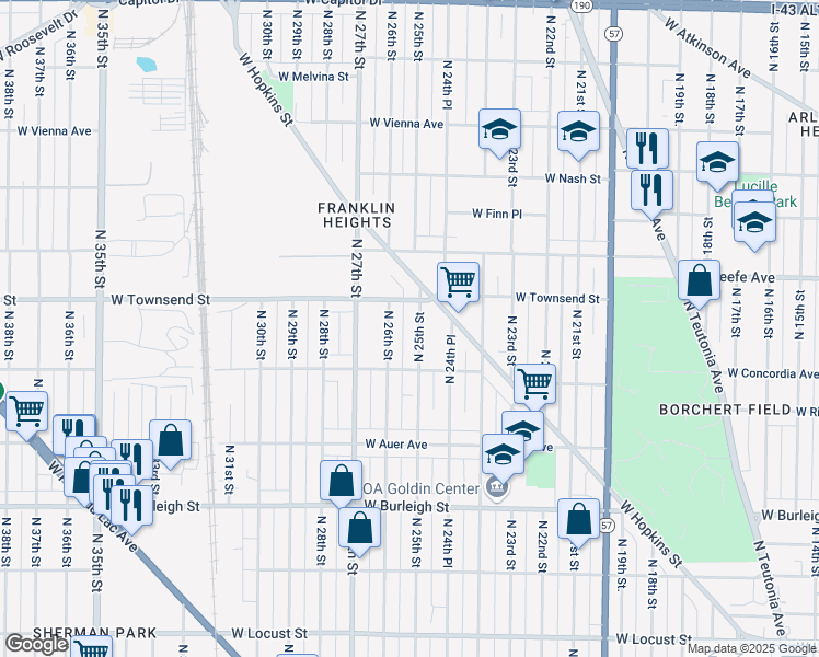map of restaurants, bars, coffee shops, grocery stores, and more near 3341 North 25th Street in Milwaukee
