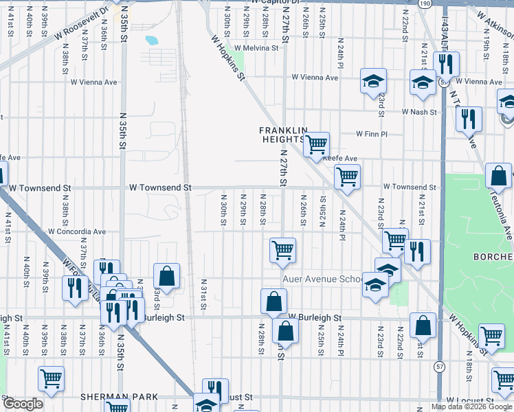 map of restaurants, bars, coffee shops, grocery stores, and more near 3336A North 29th Street in Milwaukee