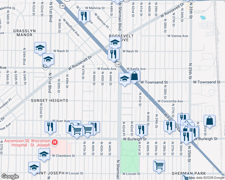 map of restaurants, bars, coffee shops, grocery stores, and more near 3341 North 44th Street in Milwaukee