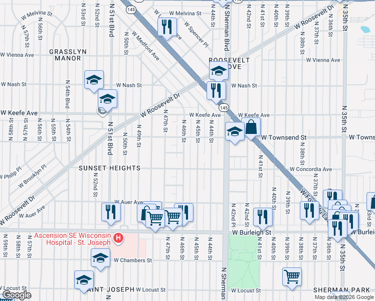 map of restaurants, bars, coffee shops, grocery stores, and more near 3334 North 46th Street in Milwaukee