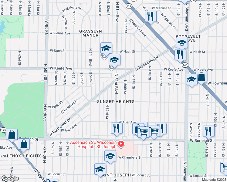 map of restaurants, bars, coffee shops, grocery stores, and more near 3334 North 52nd Street in Milwaukee