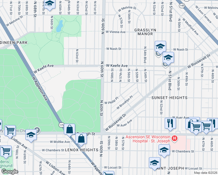 map of restaurants, bars, coffee shops, grocery stores, and more near 3320 North 58th Street in Milwaukee