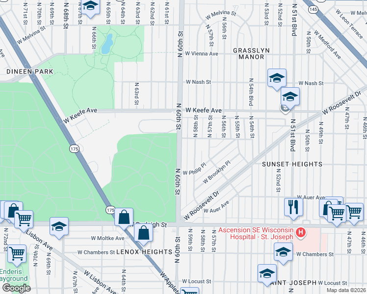 map of restaurants, bars, coffee shops, grocery stores, and more near 3322 North 60th Street in Milwaukee