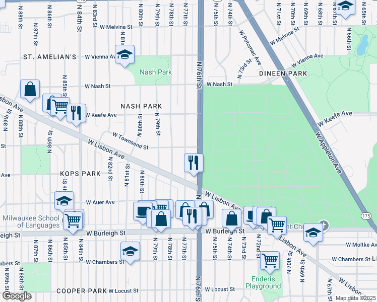 map of restaurants, bars, coffee shops, grocery stores, and more near 3343 North 76th Street in Milwaukee