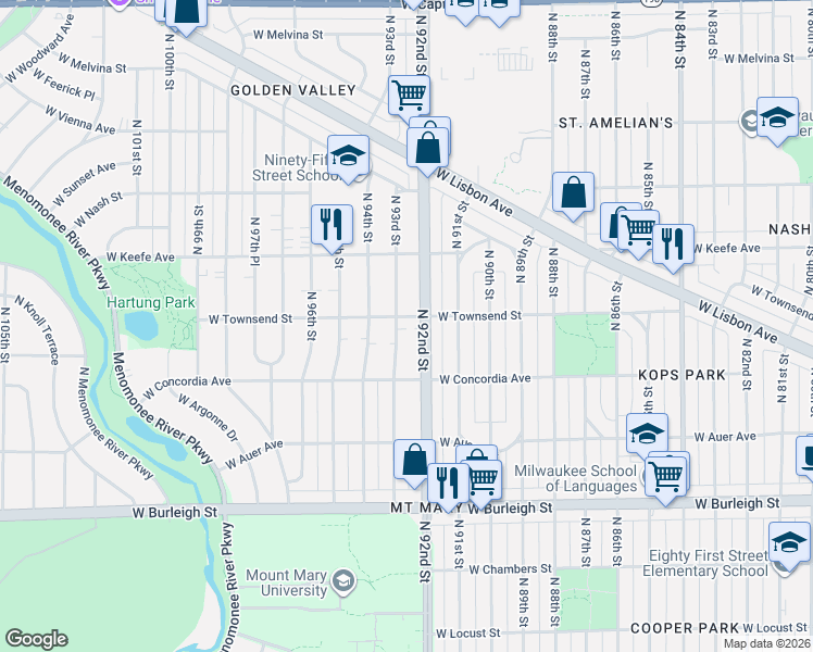 map of restaurants, bars, coffee shops, grocery stores, and more near 3355 North 93rd Street in Milwaukee