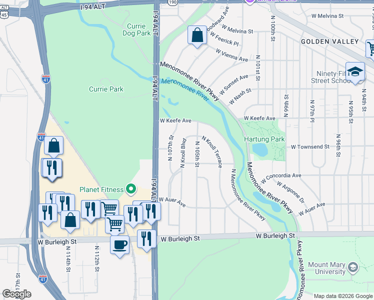 map of restaurants, bars, coffee shops, grocery stores, and more near 3315 North Knoll Boulevard in Wauwatosa