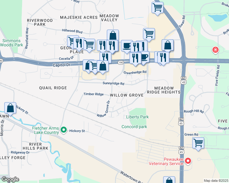 map of restaurants, bars, coffee shops, grocery stores, and more near 330 Willow Grove Drive in Pewaukee
