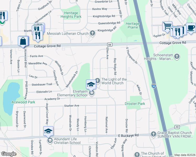 map of restaurants, bars, coffee shops, grocery stores, and more near 1225 Painted Post Drive in Madison