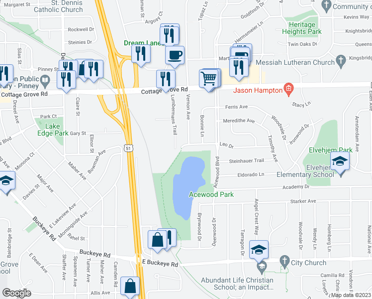 map of restaurants, bars, coffee shops, grocery stores, and more near 4499 Leo Drive in Madison