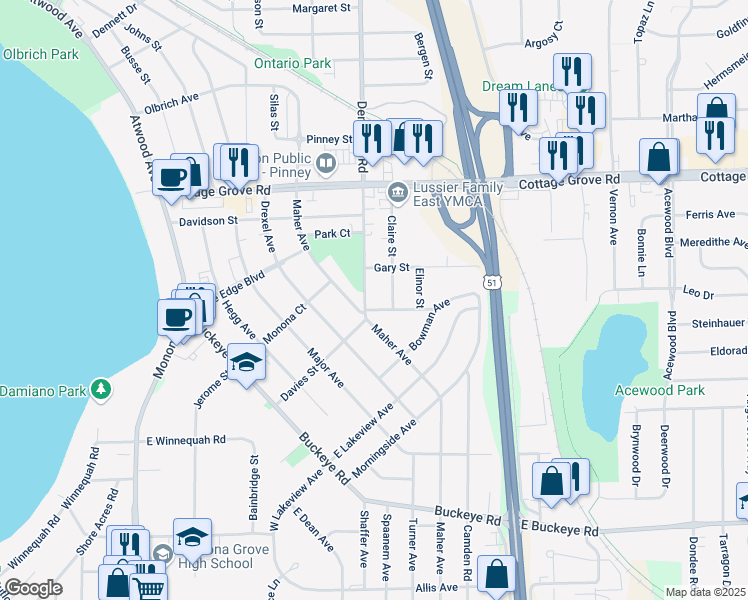 map of restaurants, bars, coffee shops, grocery stores, and more near 601 Pinchot Avenue in Madison
