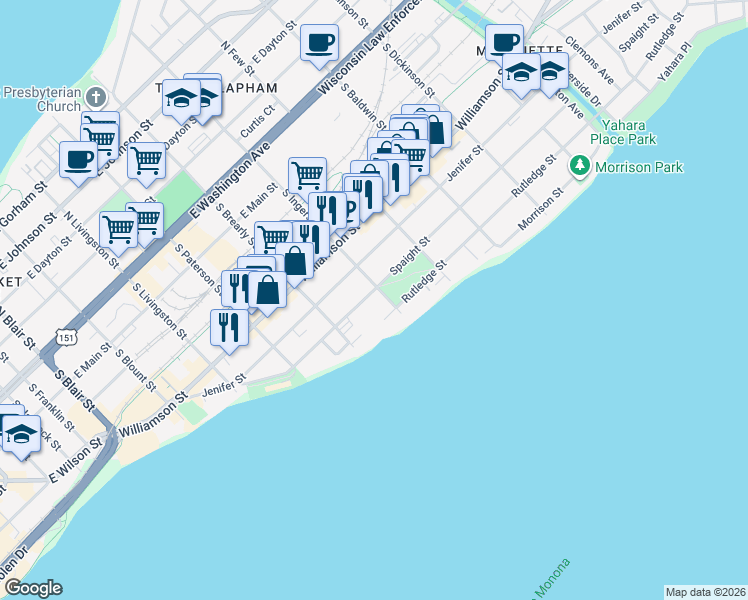 map of restaurants, bars, coffee shops, grocery stores, and more near 620 South Ingersoll Street in Madison