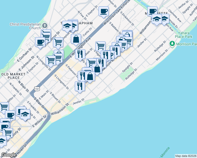 map of restaurants, bars, coffee shops, grocery stores, and more near 504 South Brearly Street in Madison