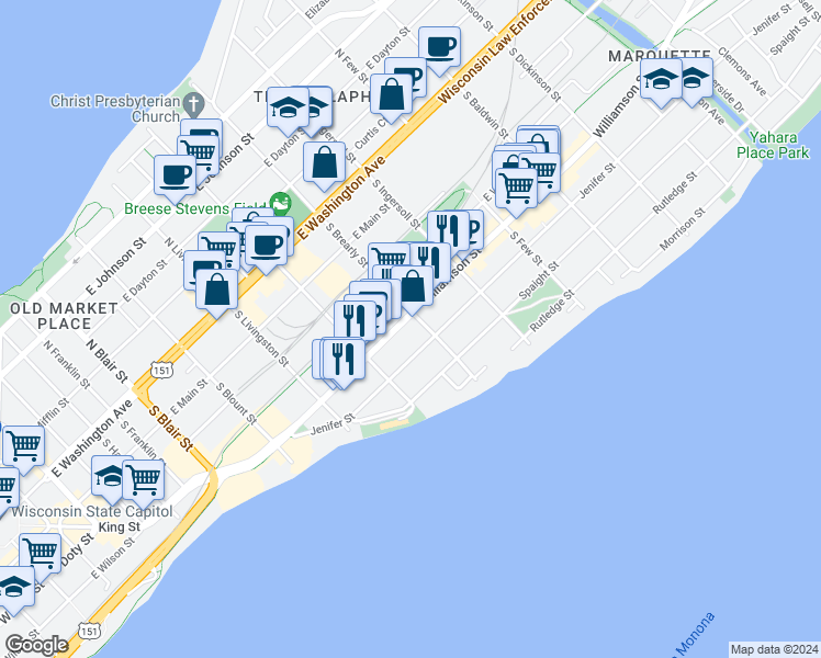 map of restaurants, bars, coffee shops, grocery stores, and more near 933 Williamson Street in Madison