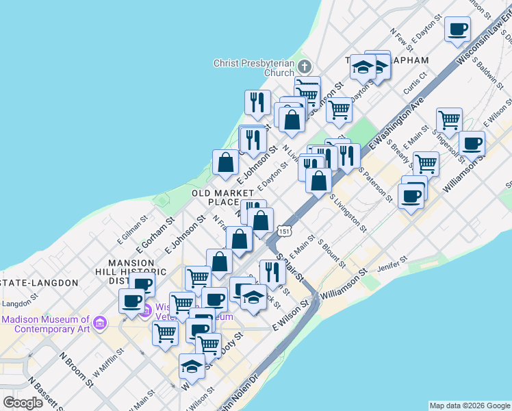 map of restaurants, bars, coffee shops, grocery stores, and more near 626 East Mifflin Street in Madison