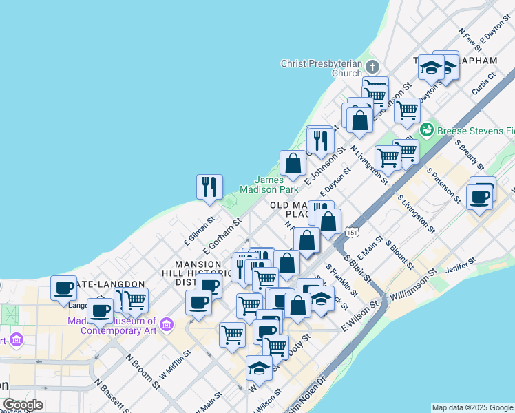 map of restaurants, bars, coffee shops, grocery stores, and more near 311 North Hancock Street in Madison