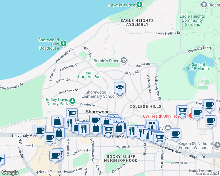map of restaurants, bars, coffee shops, grocery stores, and more near 1120 Shorewood Boulevard in Madison