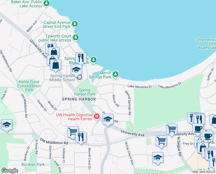 map of restaurants, bars, coffee shops, grocery stores, and more near 5106 Minocqua Crescent in Madison