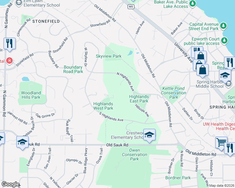 map of restaurants, bars, coffee shops, grocery stores, and more near 1111 Willow Lane in Madison