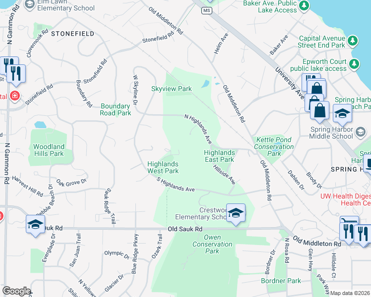 map of restaurants, bars, coffee shops, grocery stores, and more near 1111 Willow Lane in Madison