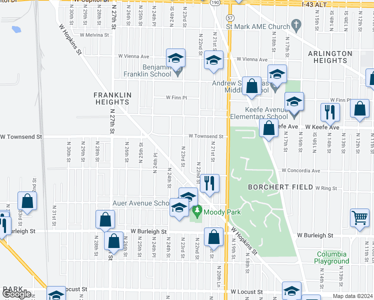 map of restaurants, bars, coffee shops, grocery stores, and more near 3366 North 23rd Street in Milwaukee