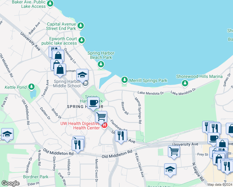 map of restaurants, bars, coffee shops, grocery stores, and more near 5106 Minocqua Crescent in Madison