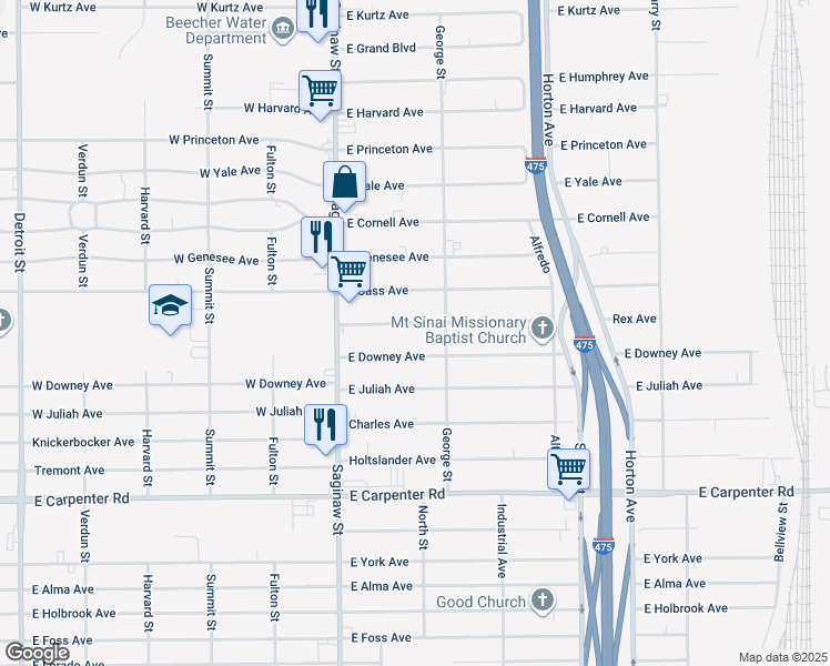 map of restaurants, bars, coffee shops, grocery stores, and more near 1091 East Downey Avenue in Flint