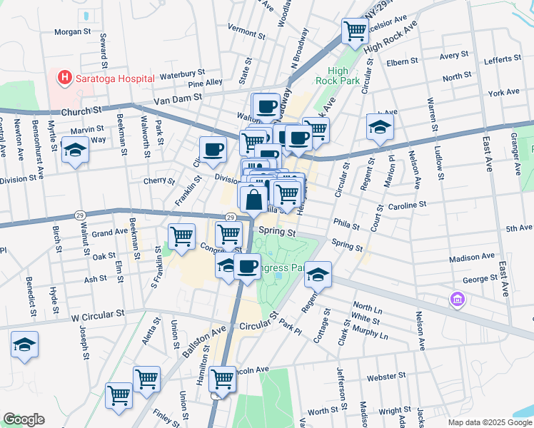 map of restaurants, bars, coffee shops, grocery stores, and more near 14 Phila Street in Saratoga Springs