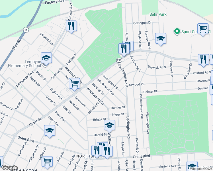 map of restaurants, bars, coffee shops, grocery stores, and more near 222 Maplehurst Avenue in Syracuse